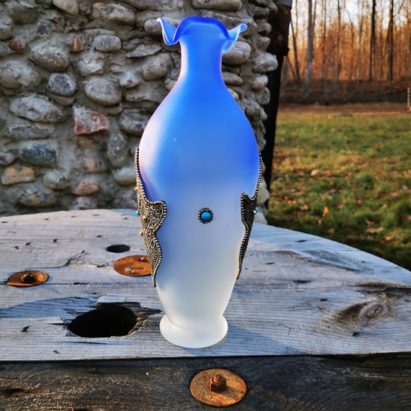 Vintage Blue Ombre Frosted Satin Art Glass Vase with Applied Metal Accents - Picture 7 of 17